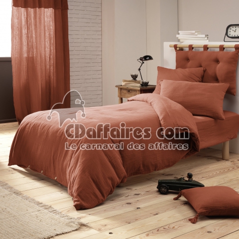 Pack parure de couette 140 x 200 cm + drap housse 90 x 190 cm + 1 taie en double gaze de coton Terracotta