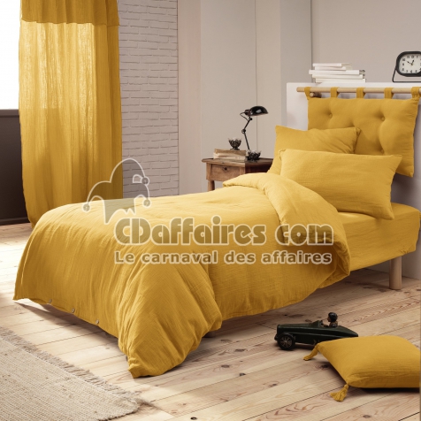 Pack Parure de couette 140x200 cm + Drap housse 90x190 + 1 taie Gaze de coton Bio Jaune