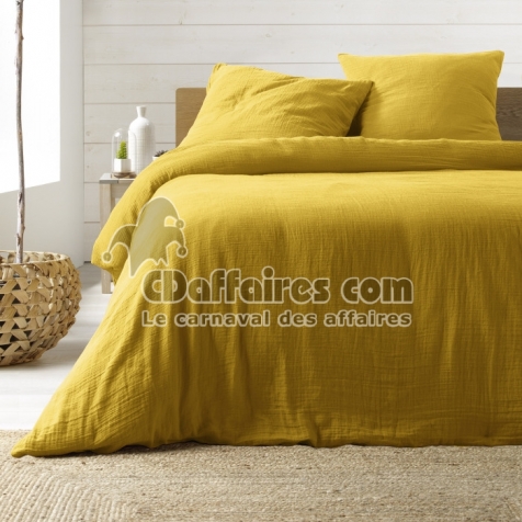Parure de lit 240 x 220 cm double gaze coton uni 57 fils Angelia Jaune