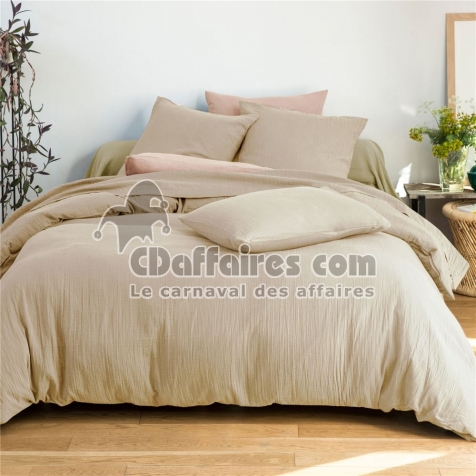 Parure de lit 240 x 220 cm en gaze de coton + 2 taies  - Angelia Sable