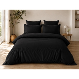 Parure de Lit Compl&egrave;te 240 x 220 cm Noir - 100% Coton 57 Fils - Drap-Housse 140x190 + 4 Taies