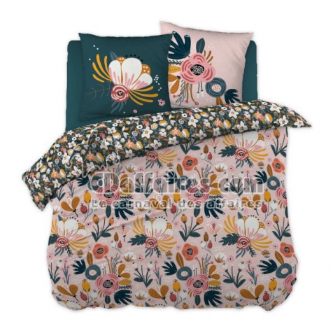 parure de lit (housse de couette + 2 taies d'oreiller) coton imprim&eacute; 260 x 240 cm champetre