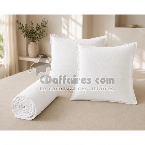 Parure Drap Housse 140 x 190 cm + 2 Taies 60x60 cm 100% Lin Fran&ccedil;ais - Craie