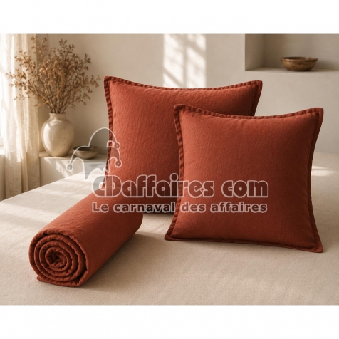 Parure Drap Housse 140 x 190 cm + 2 Taies 60x60 cm 100% Lin Fran&ccedil;ais - Paprika