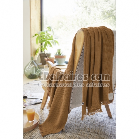 Plaid à franges en gaze de coton 130 x 160 cm Gaia Camel