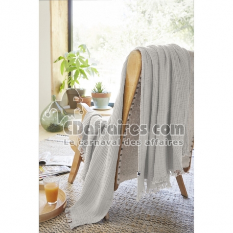 Plaid à franges en gaze de coton 180 x 220 cm Gaia Gris