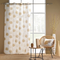 Rideau &agrave; &oelig;illets 140 x 240 cm en polycoton imprim&eacute; m&eacute;tallis&eacute; - Mod&egrave;le Lotus Ocre