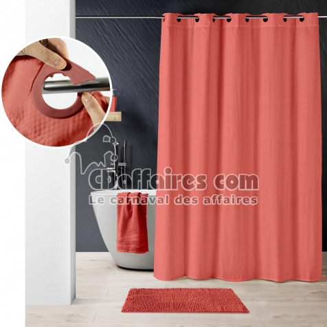 Rideau de douche &agrave; &oelig;illets clipsables 180 x 200 cm microfibre gaufr&eacute;e unie DOTTY Terracotta