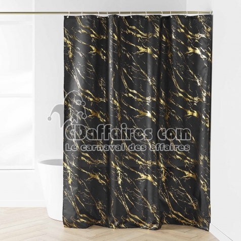 RIDEAU DE DOUCHE+CROCHETS 180 x 200 CM POLYESTER IMP. METAL. AQUAMARBRE NOIR/OR