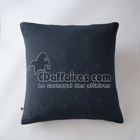 Taie d'oreiller brod&eacute;e en gaze de coton 60 x 60 cm Ga&iuml;a Boho Bleu marine