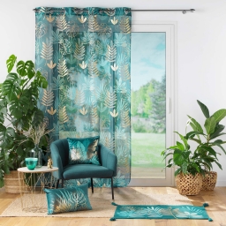 Voilage &agrave; &oelig;illets 140 x 280 cm voile sable imprim&eacute; m&eacute;tallis&eacute; Ornella &eacute;meraude