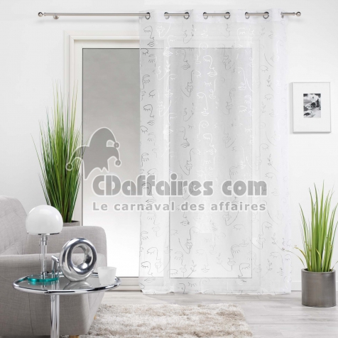 Voilage a oeillets 140 x 240 cm en voile imprim&eacute; m&eacute;tallis&eacute; Artyline Blanc/argent
