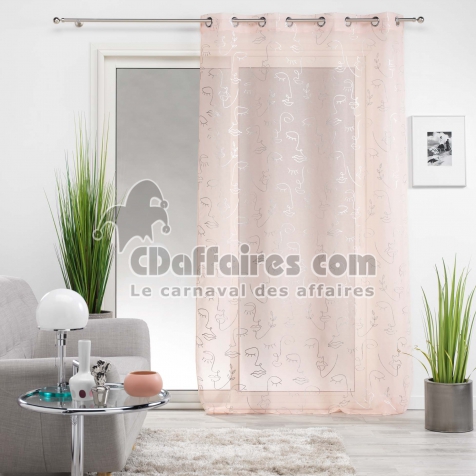 Voilage a oeillets 140 x 240 cm en voile imprim&eacute; m&eacute;tallis&eacute; Artyline Rose/argent
