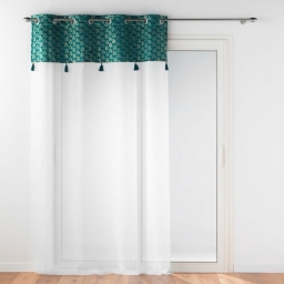 Voilage grande hauteur 140 x 280 cm voile sabl&eacute; + haut velours Evie Bleu